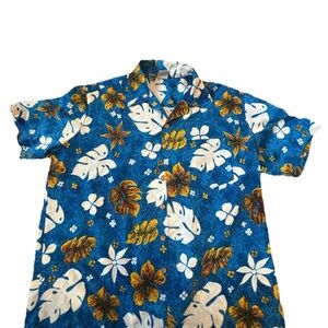 Vintage Kennigton Blue Hawaiian Button-Down with White & Gold Floral Print